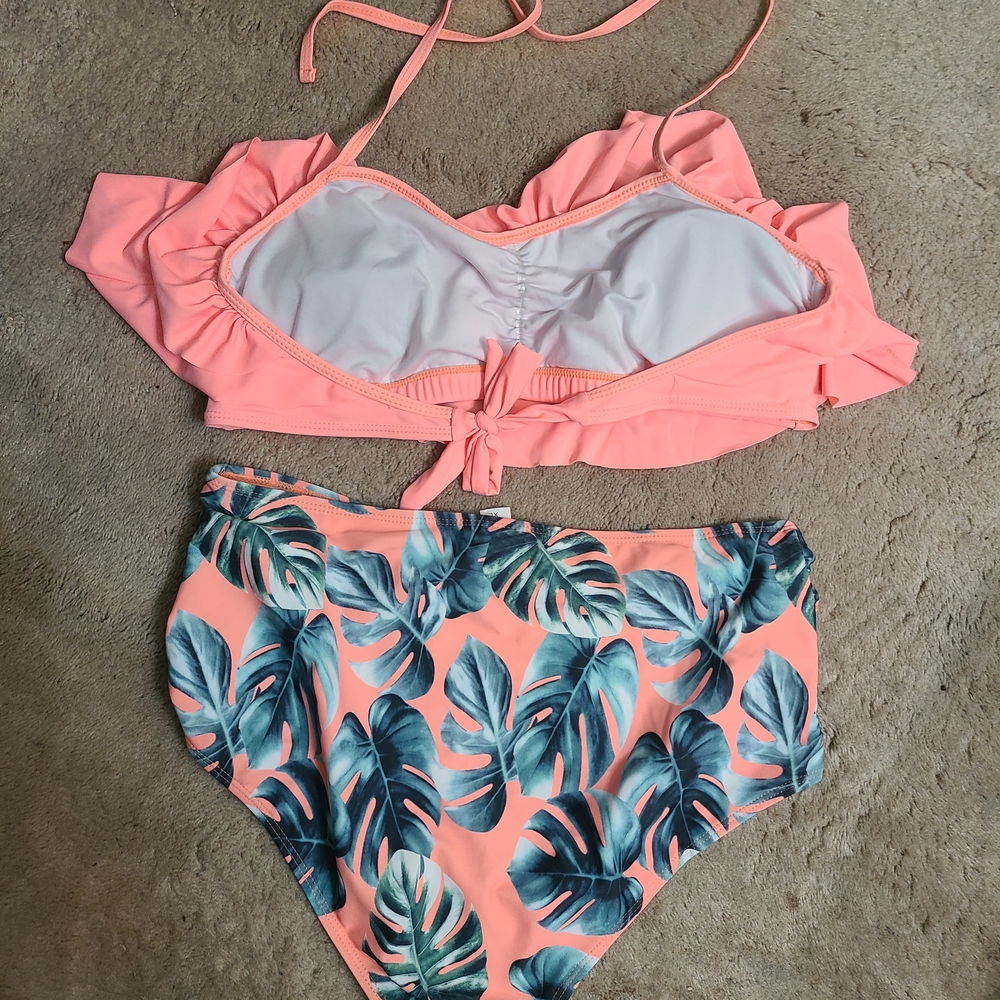 Pink Ruffle Bikini with Leaf Print Bottoms